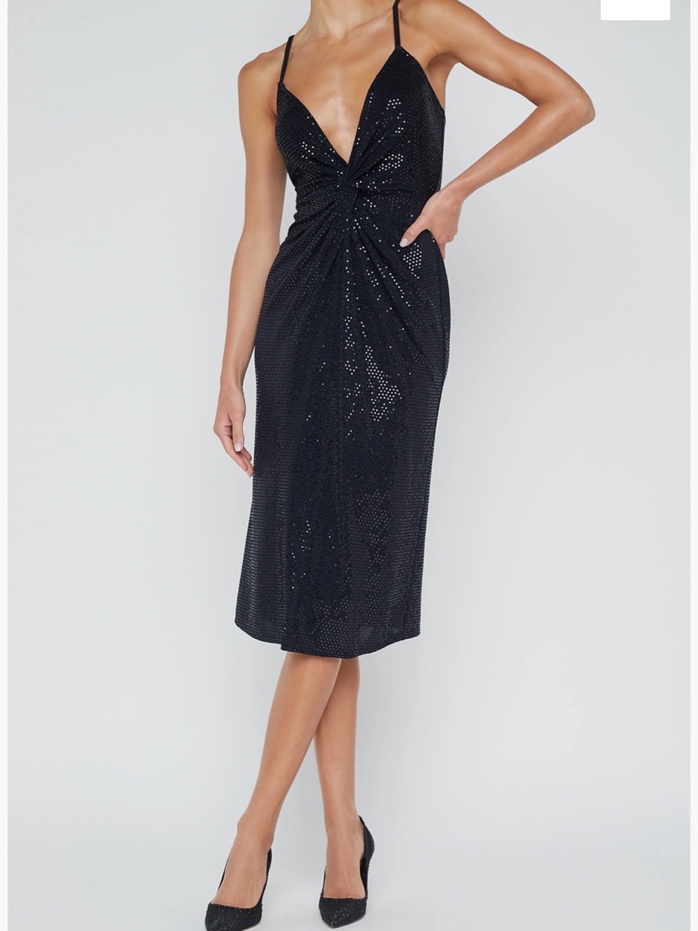L'AGENCE Black Sequin Twist-Front Midi Dress